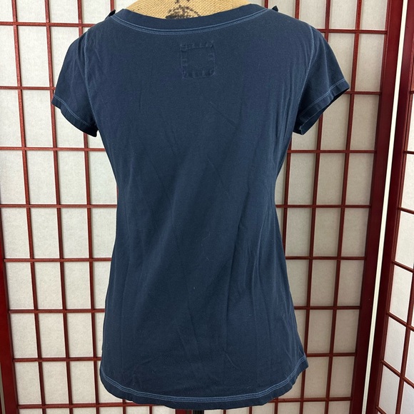 Y2K Hollister Navy Blue Short Sleeve Ruffle Neck Downtown Girl Babydoll Top - Picture 2 of 5